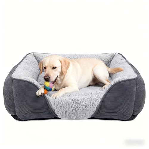 JOEJOY Large Dog Bed Pet Sofa Bed, Super Soft Comfy Wool Fleece Dog Bed with Striped Corduroy Design, Washable Bed For Border Collie, 76x61x23cm