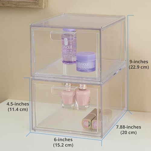 STORi Audrey Stackable Clear Bin Plastic Organizer Drawers | 2 Piece Set | Organize Cosmetics and Beauty Supplies on a Vanity | Made in USA