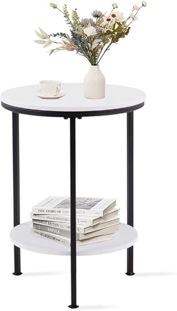GOLDFAN Small Side Table Modern Round Coffee Table End Metal Lamp Table with 2 Tier Shelves for Living Room Bedroom,White