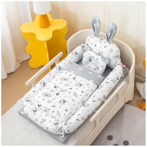 FYDN ベビーベッド 新生児 ベッドインベッド 添い寝 枕付き 折りたたみ ベビークッション ウサギの耳の形 かわいい 持ち運び可能 通気性 洗濯可能 長期使用 出産祝い 0-36ヶ月 (E)