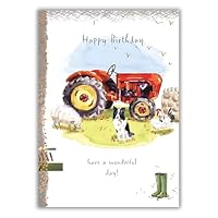 IC&G Birthday Card for Men - Tractor and Farmyard Animals Design - Embossed Foil Finish - Artistic Birthday Greeting Card