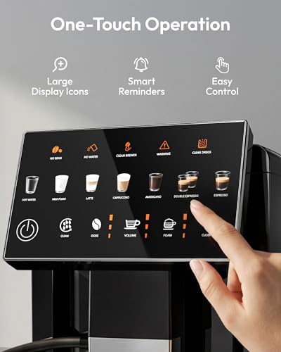 Image of Automatic Espresso Machine, 20 Bar Coffee Maker with Grinder Built in Milk Frother, 15-Grind Settings Fully Automatic Espresso Machine with Touch Screen, Auto Self-Cleaning for Cappuccino & Latte