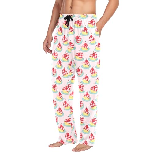 Mens Cotton Pajama Pants Sleep Lounge Pj Bottoms Sleepwear with Pockets Drawstring S Cherry Cake4