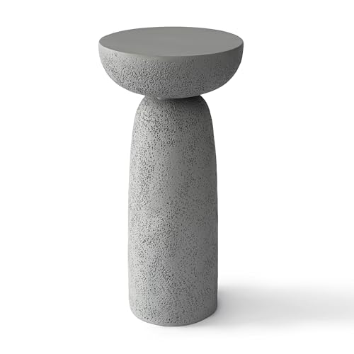 THKSHOUZ 24'' Tall Round Gray Pedestal Side Table, Modern Hourglass End Table with Stone Texture, Minimalist Faux Concrete Accent Table for Living Room, Bedroom, or Patio
