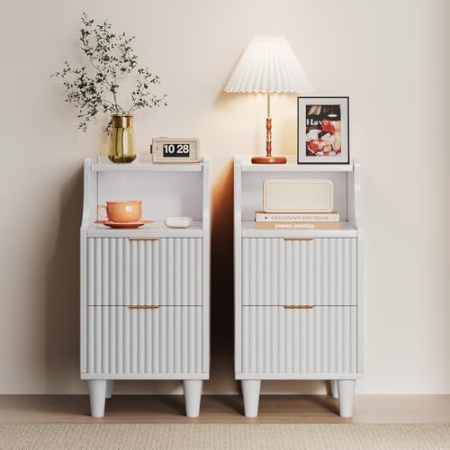 Image of Narrow Nightstand Set of 2,11.8 inch Fluted Bedside Table Set of 2, Slim Side End Table with 2 Drawers, Wooden Bedside Table, White Wood Night Stand for Bedroom Livingroom Sofa Office