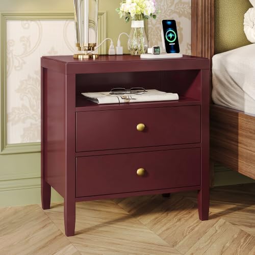 Image of Huuger Red Nightstand Set of 2, Night Stand with Charger Station