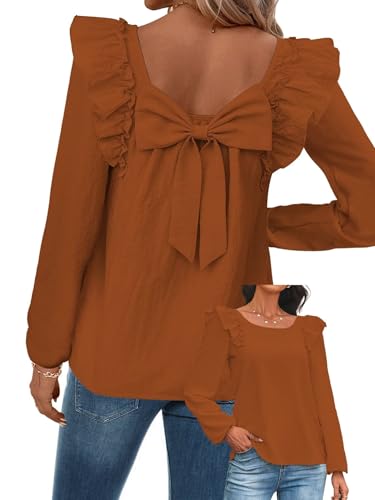 Womens Bow Tie Back Tops Square Neck Long Ruffle Sleeve Shirts Cute Babydoll Chiffon Texture Women Fall Trendy Tunic
