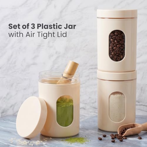 Image of Airtight Plastic Storage Container Set of 3, 700ml BPA-Free Food Grade Kitchen Jars with Transparent Window, Leakproof Canisters for Coffee, Sugar, Tea, Snacks & Dry Food (CREAM)