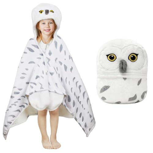 pewjury Decke mit Ärmeln und Kapuze Schneeeule Decke mit Handschuhen Tiermuster kuscheldecke flauschig Kuschelige Flanell Geschenke Kuscheldecke für Frauen