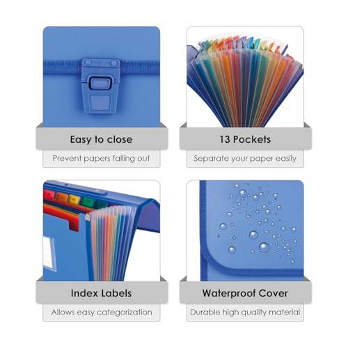 Image of POLEN Premium Series Expanding File Folder with Coloured Inner, 13 Pockets, Handle, and Buckle Closure, Fullscape Size for Travel, Home, Office to Arrange Your Document (Blue)