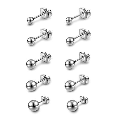 AllerPierce Kugel Ohrstecker 10 Stücke Edelstahl Ohrstecker Set 3-8mm Studs Perlen Ohrringe Knorpel Ohr Piercing Unisex Ohrschmuck Silber Gold Schwarz Rosegold