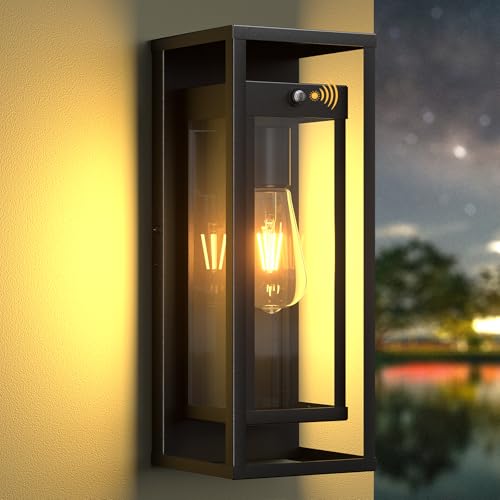 Image of Dusk to Dawn Outdoor Wall Sconce Black Modern Exterior Lighting Fixture | 15 Inch, Waterproof, Large Porch Light, Outside Lantern Wall Mounted, Outdoor Lamps for Coach, Doorway and Patio, E26 Base