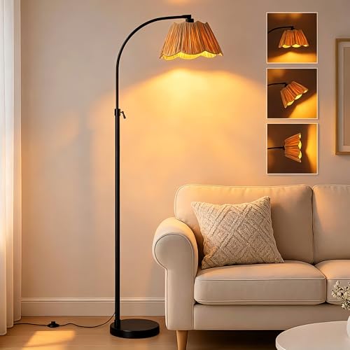 Image of 64'' Adjustable Arc Floor Lamp with Woven Pleated Shade, Black