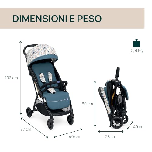 Glee Passeggino Leggero, Pratico E Leggero, Chiusura Automatica, Seduta Ampia E Confortevole, Ruote Di Alta Qualità, Schienale Regolabile, Cappottina Parasole, Fino A 22 Kg, Verde - 4