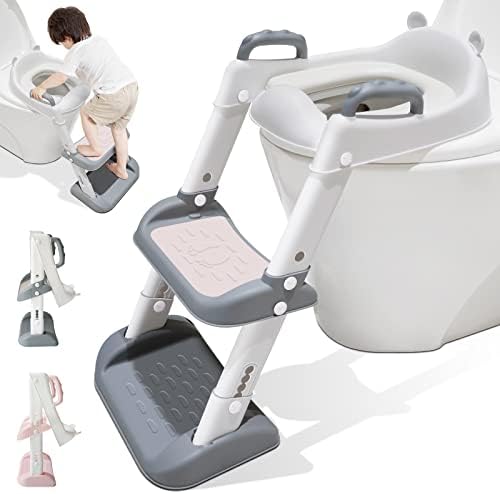 Potty Training Toilet Seat Trainer, Kids Toilet Training Seat with Step Stool, Toddler Adjustable Portable Non-Slip Folding Ladder Potty Chair, Baby Guard Handles Soft Pad White for Boys Girls | Grey