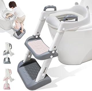 Potty Training Toilet Seat Trainer, Kids Toilet Training Seat with Step Stool, Toddler Adjustable Portable Non-Slip Folding Ladder Potty Chair, Baby Guard Handles Soft Pad White for Boys Girls | Grey