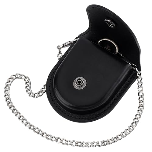 Image of AHANDMAKER Classic Pu Leather Pocket Watch Box Pocket Watch Leather Case Leather Pockets Watches Pouch with Silver Chain Vintage Belt Holder Case, 2.87x2.75inch