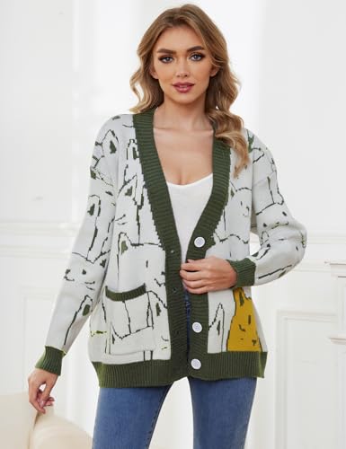 Image of Gihuo Women Cat Sweater Oversized Cute Kawaii Cardigan Knit Graphic V Neck Loose Fit Long Sleeve Cardigan Coat