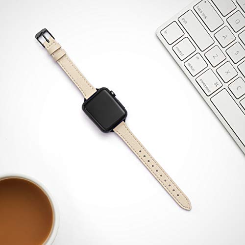 Image of STIROLL Slim Leather Bands Compatible with Apple Watch Band 38mm 40mm 41mm 42mm(Series 11 10), Top Grain Leather Watch Thin Wristband for iWatch SE 9 8 7 6 5 4 3 2 1 (Beige Black)