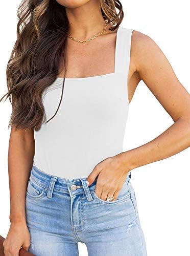 REORIA Womens Sexy Club Square Neck Sleeveless Tank Tops Bodysuits Stretchy Leotard Clubwear White Medium