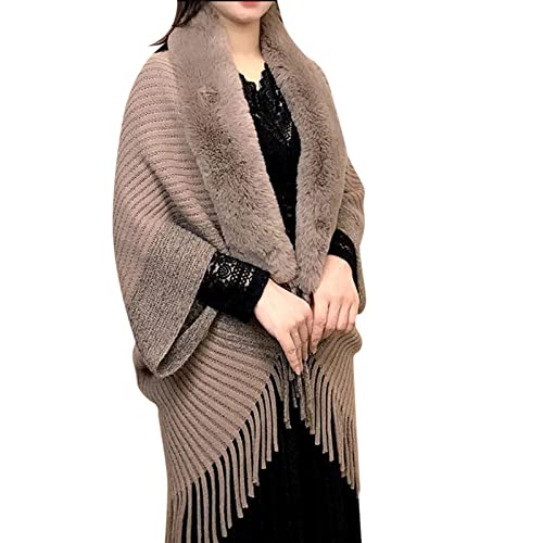 Women Faux Fur Collar Shawl Wraps Fringed Open Front Cardigan Cloak Coat Knitted Winter Tassels Sweater Capes
