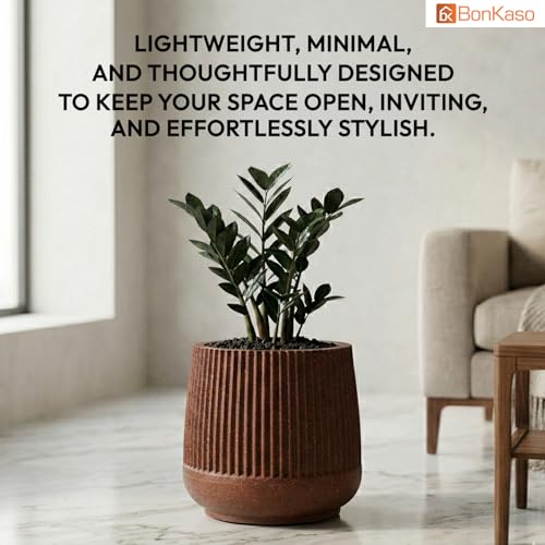 Image of BonKaso 12 Inch Audi Plant Pot for Indoor & Outdoor Use | Heavy Duty Durable Polymer Flower Pot Gamla | Lightweight Modern Planter for Living Room, Balcony, Terrace & Office Decor (Brown)