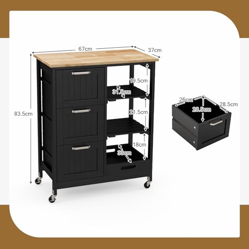 COSTWAY Kitchen Island Cart, Rolling Storage Trolley with 3 Drawers, Open Shelves and Wheels, Mobile Serving Utility Cart Organiser for Dining Room Restaurant Bar (Black) 6 COSTWAY Kitchen Island Cart, Rolling Storage Trolley with 3 Drawers, Open Shelves and Wheels, Mobile Serving Utility Cart Organiser for Dining Room Restaurant Bar (Black) - Image 6