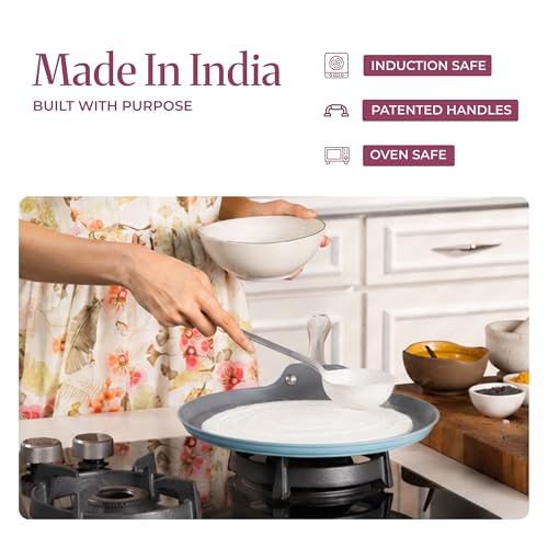 Image of Asai Ceramic Non Stick Dosa Tawa 28cm with Silicone Spatula | Blue | 100% Toxin Free | Superior Swiss Ceramic Cookware | Gas & Induction Compatible | Dosa, Chilla Pan | Lab Tested | Steel Handle
