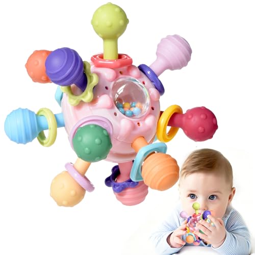 Jouet Dentition Bebe Balle Pour Naissance 0-3 Mois, Sensorielle Jeux d’Eveil Hochet Bébé de développement, Educatif Cadeau Enfant Garçon et Fille 3 6 9 12 mois 1 an (Rose)