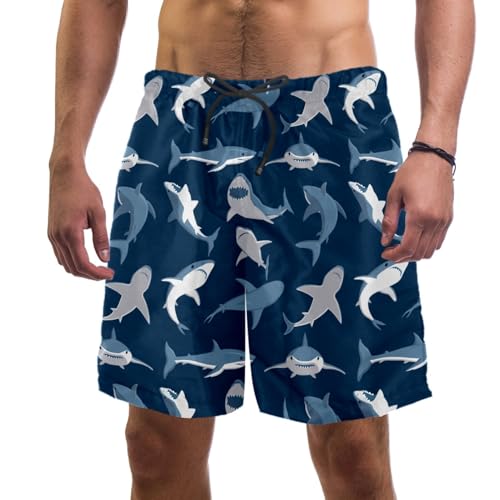 Men's Marine Sharks Swim Trunks - Beach Shorts Bathing Suits with Pockets, Quick Dry Fabric & Mesh Lining