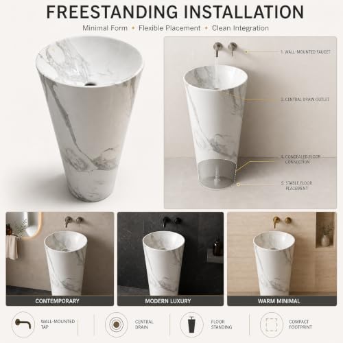 Image of Backline Pedestal Basin Without Tap Hole | Free Standing Pedestal Basin 7 Years Warranty | One Piece Basin for Bathroom /Office /Living Room /Restaurant (Size - 15 x 15 x 34 Inch)
