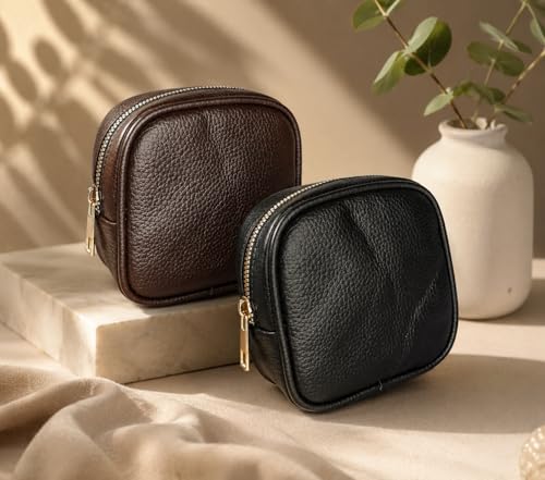 Image of Small Coin Pouch Combo for Men & Women - Premium Zip Closure Mini Wallet for Coins, Cahrger, Data Cable, Keys & Earphones (Black, Brown, - Pack of 2)