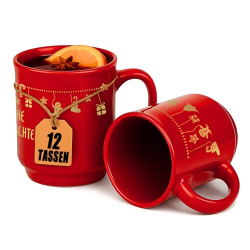Trinklicht Lot de 12 tasses à vin chaud de Noël - 0,2 l - Rouge - Avec anse - Pour le marché de Noël - En céramique - Motif de Noël