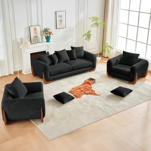 Image of Velvet Contemperory Sofa with Cushion Chaise Lounge Sectional Sofa Perfect for Living Room & Bedroom Guests Home & Office (Boucle 3+1+1 Black, 5 Seater)