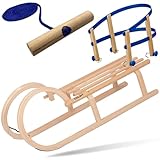 Explorer Colint Holzschlitten mit Rückenlehne für Kinder ab 1 Jahr und Erwachsene Set Schlitten Holz Hörnerschlitten mit Leine und Kunststoff/Holz Rückenlehne in Blau 100cm