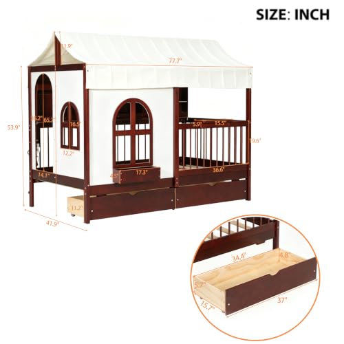 Image of House Bed with Tent and Bookshelf, 2 Drawers, USB Charging