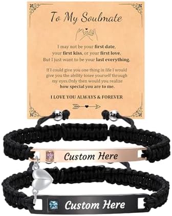 Personalized Couple Bracelet Custom Engraved Stainless Steel Promise Bracelets Couples Mutual Attraction Heart Charm Bracelets for Boyfriend Girlfriend,Anniversary Valentine'S Day Gifts for Him Her