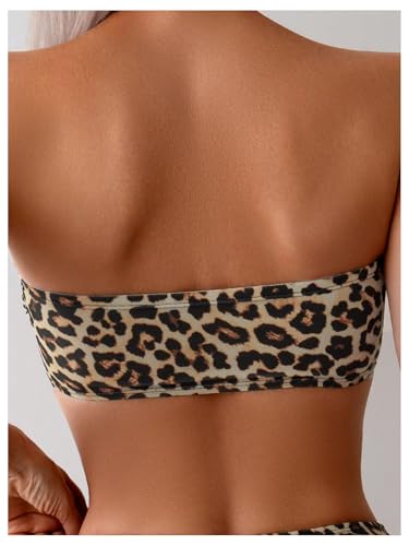 MakeMeChic Women's 2 Piece Bikini Sets Leopard Print Bandeau Wireless Bathing Suit High Waist Strapless Swimsuit4