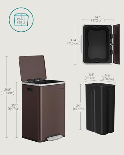 Image of SONGMICS Trash Can, 13 Gallon (50 L), Stainless Steel, Soft-Close Lid