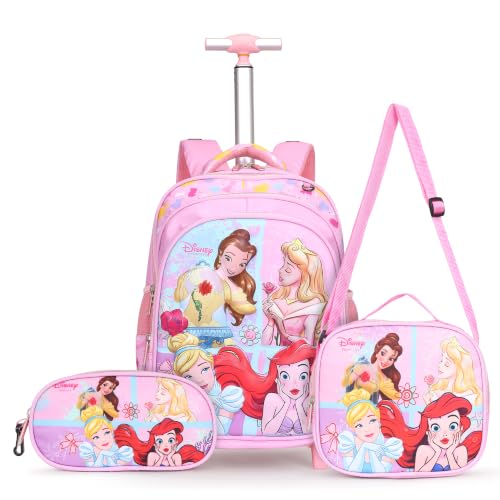 Image of NOVEX Disney Princess Kids Backpack Combo Set for Girls | 17 Inch School Trolley Bag with 2 Wheels, Lunch Box & Stationery Pouch | Soft Polyester Spinner Luggage, Pink Carry-On 45 cm