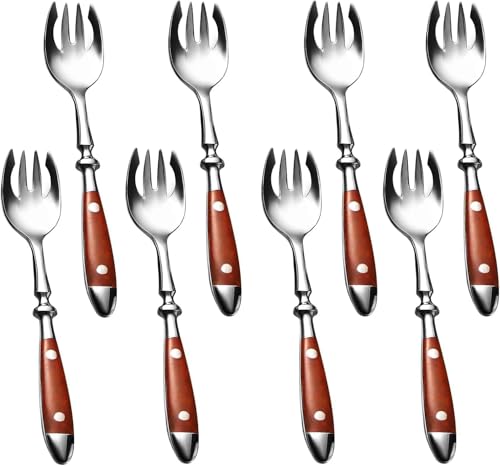 QUEARI Sporks, 8-Pack Stainless Steel Sporks, 6.9 Inches Salad Forks and Spoons with Wood Grain Bakelite Handle For Dessert, Ice Cream, Salad, Soup, Noodle, Spaghetti, Dishwasher Safe