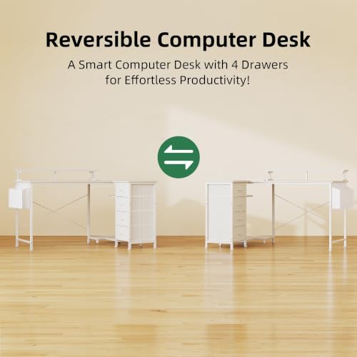 Image of VERMESS 47 inch Reversible L Shaped Gaming Computer Desk, Corner Desk with Power Outlets & Monitor Stand, Writing Study Table with 4 Storage Drawers, Desk with LED Lights, White
