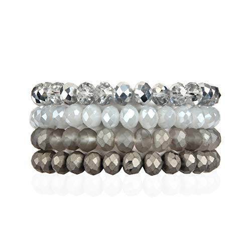 Image of RIAH FASHION Bohemian Multi-Layer Beaded Stacking Bracelet - Versatile Stretch Strand Statement Wrap Slip-on Cuff Bangle Shiny Crystal Bead Metallic, USA Flag, Rainbow Pride