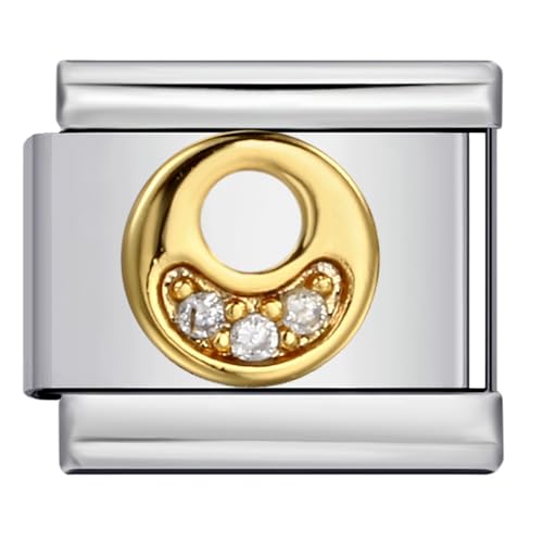 Image of Mon & Sons O Crystal 18k Letter Initial Name Tag Alphabet Personalised Birthday Silver Italian 9mm Link Stainless Steel Bracelet Charm Compatible With 9mm Link