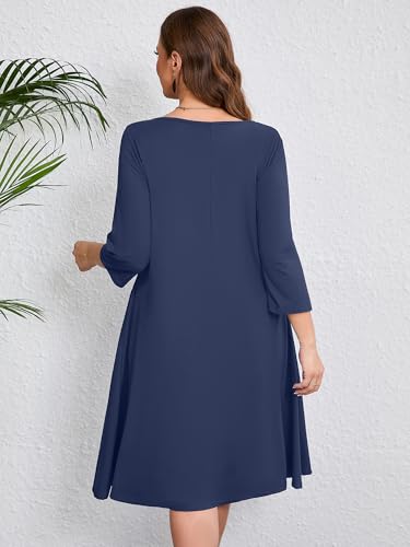 Image of AusLook Women's Plus Midi Dresses Crew Neck A Line 3 /4 Sleeves Casual Elegant Loose Wedding Vacation Dress with Pockets