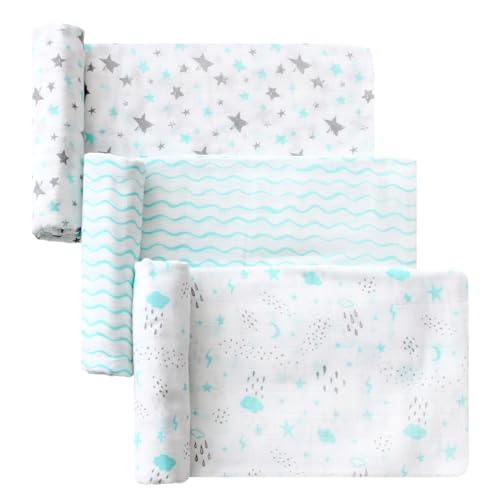 Image of Little Grape Land Muslin Swaddle Blankets, 100% Cotton Muslin Blankets, Large Size Baby Receiveing Blankets, Neutral Soft Breathable Baby Blankets - Aqua / 47x47in, 3 Pack