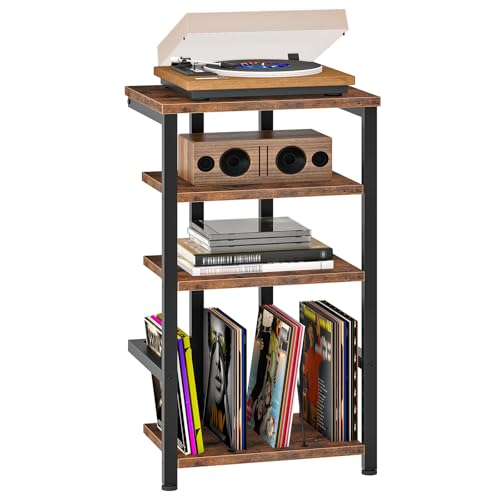 HOOBRO HiFi-Rack mit 4 Ablagen, HiFi-Regal, Plattenspieler-Regal, Schallplattenaufbewahrung, HiFi-Ständer, Plattenspielerständer, für Wohnzimmer, Schlafzimmer, Schwarz und Vintagebraun EBF42CJ01