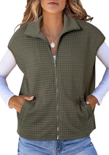 Women's Vest Tops Zip Up Cap Sleeve Waffle Knit Oversized Sleeveless Jacket Vests Outerwear with Pockets