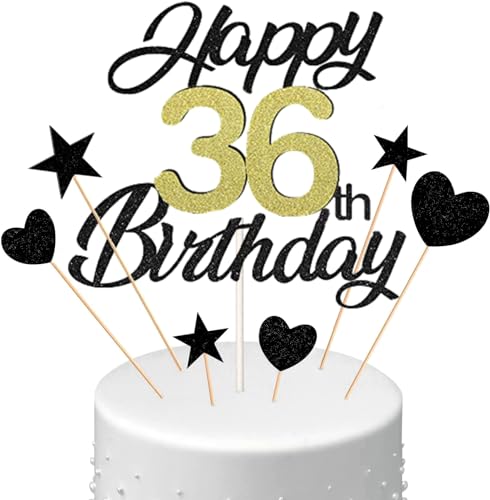 Conruich Décoration de Gâteau Anniversaire 36 ans Femme, Deco Gateau Anniversaire 36 ans Homme, Noir et Or Gâteau Toppers Happy Birthday Décoration Gateau pour Fête 36 ans Anniversaire Homme Femme