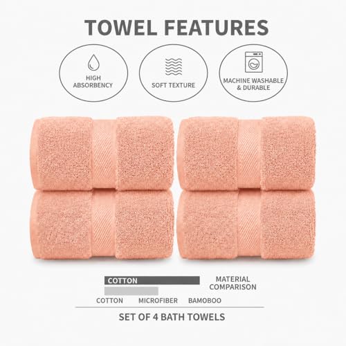 Image of Sulfar 100% Combed Cotton, Quick Drying Highly Absorbent Thick Bathroom Towels, Luxury Bath Towel Set (Pack of 4, 70 X 140 cm) - 600 GSM (Tender Peach)